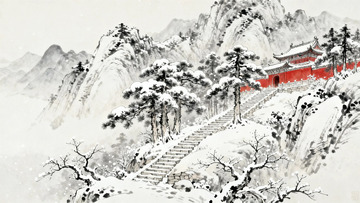 国画大雪过后的古寺5