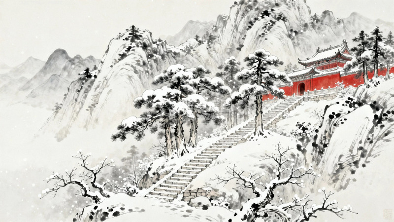 高清大图下载【趣麦麦图】国画大雪过后的古寺5
