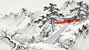 国画大雪过后的古寺4