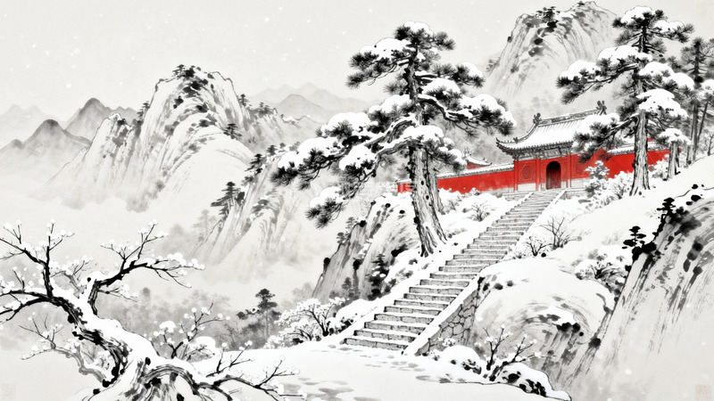 高清大图下载【趣麦麦图】国画大雪过后的古寺4
