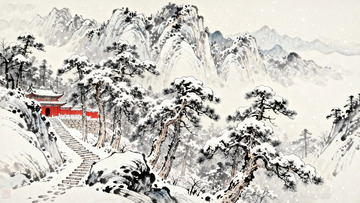 国画大雪过后的古寺1