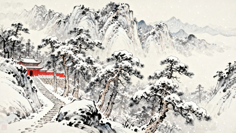 高清大图下载【趣麦麦图】国画大雪过后的古寺1