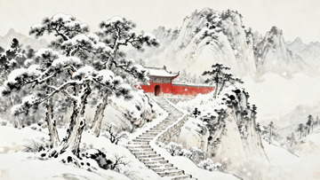 国画大雪过后的古寺2