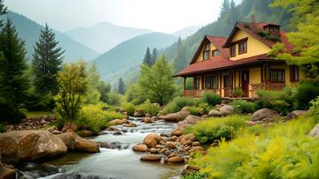 山林小屋溪水自然风景美景