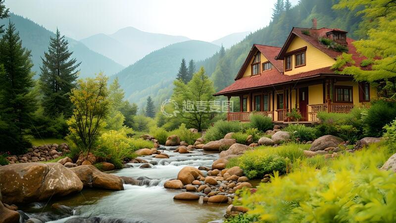 高清大图下载【趣麦麦图】山林小屋溪水自然风景美景