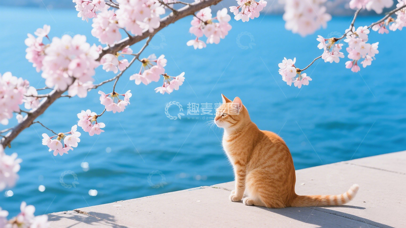 高清大图下载【趣麦麦图】樱花海边橘猫美景插画写实感