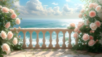 花园海景手绘装饰背景素材