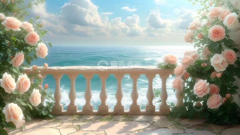 高清大图下载【趣麦麦图】花园海景手绘装饰背景素材