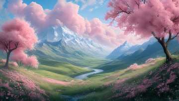 樱花山谷风光手绘风景绘画浪漫插画