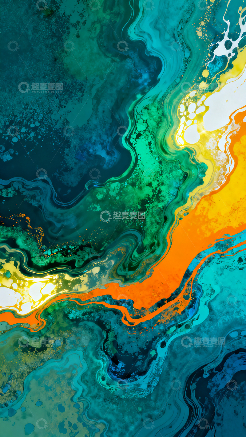 高清大图下载【趣麦麦图】孔雀蓝绿色抽象流体色块艺术画作