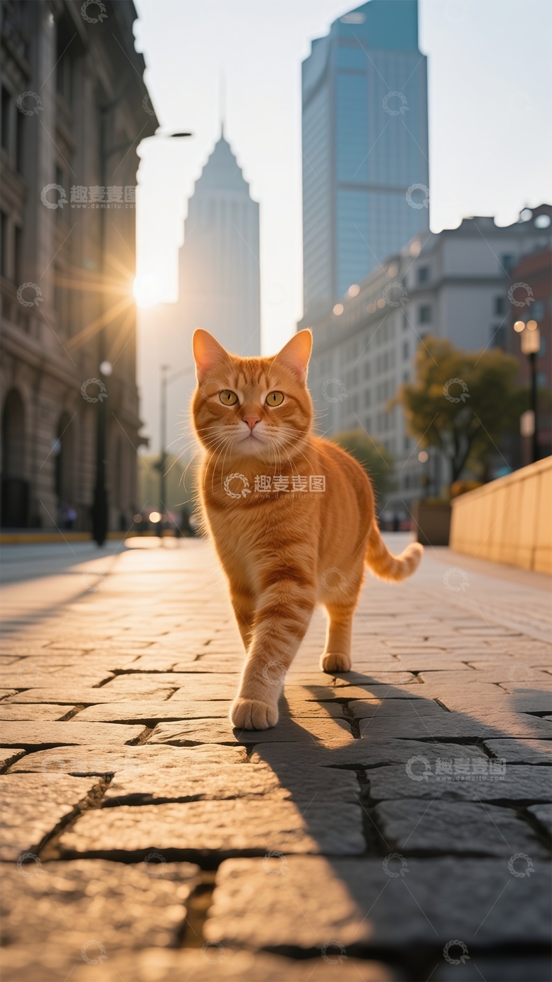 高清大图下载【趣麦麦图】城市街头的橘猫漫步