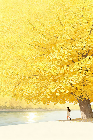 秋日银杏树下漫步插画