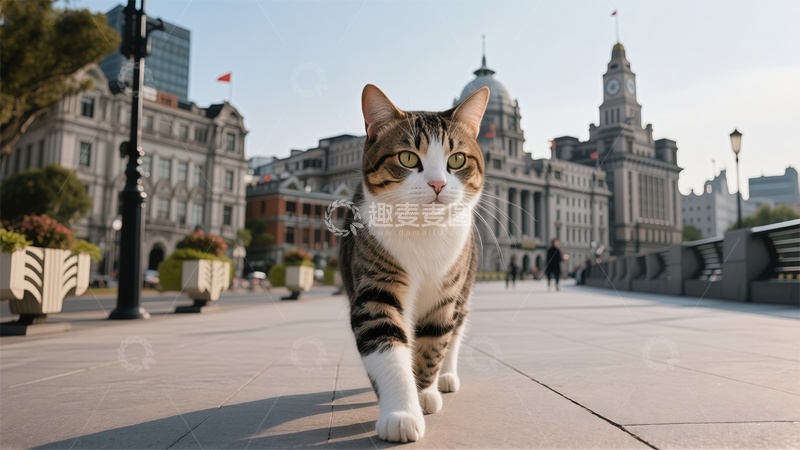 高清大图下载【趣麦麦图】城市街道猫咪漫步