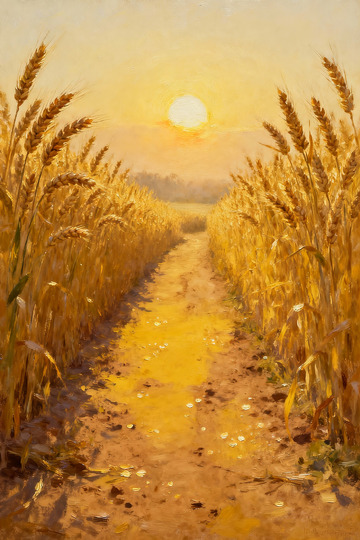 油画麦田落日风景画