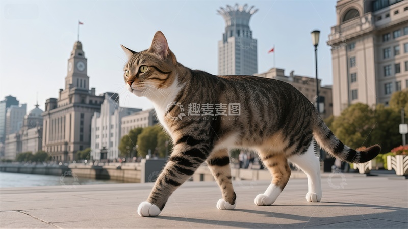 高清大图下载【趣麦麦图】都市猫咪漫步河畔