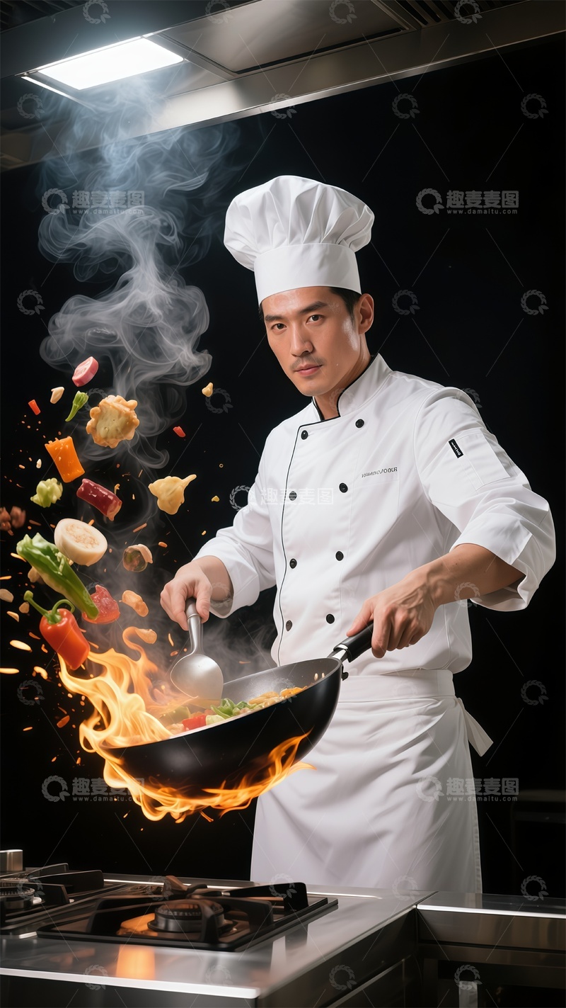 高清大图下载【趣麦麦图】厨师翻炒火焰蔬菜烹饪瞬间