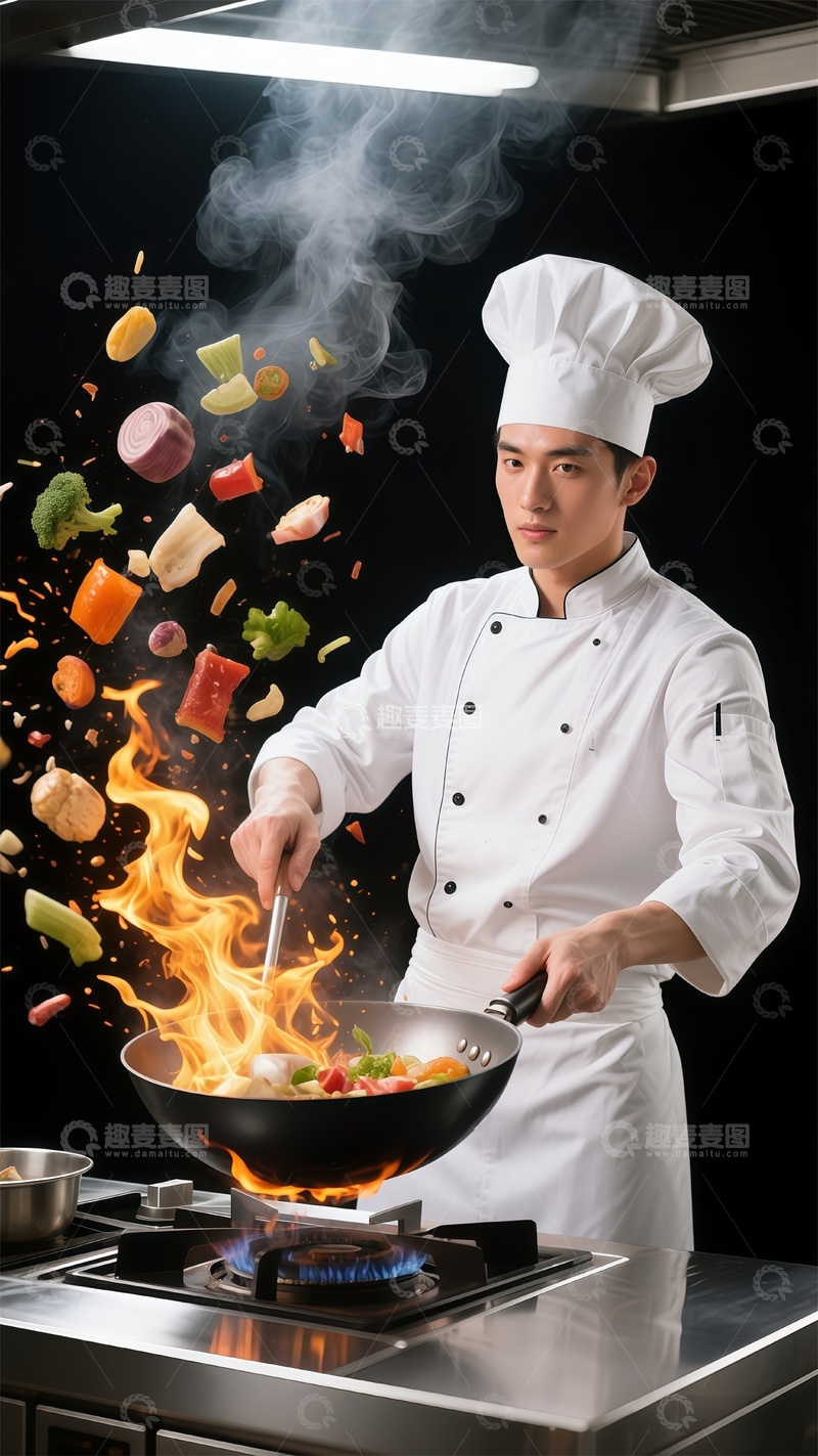 高清大图下载【趣麦麦图】厨师炒菜火焰飞扬美食摄影