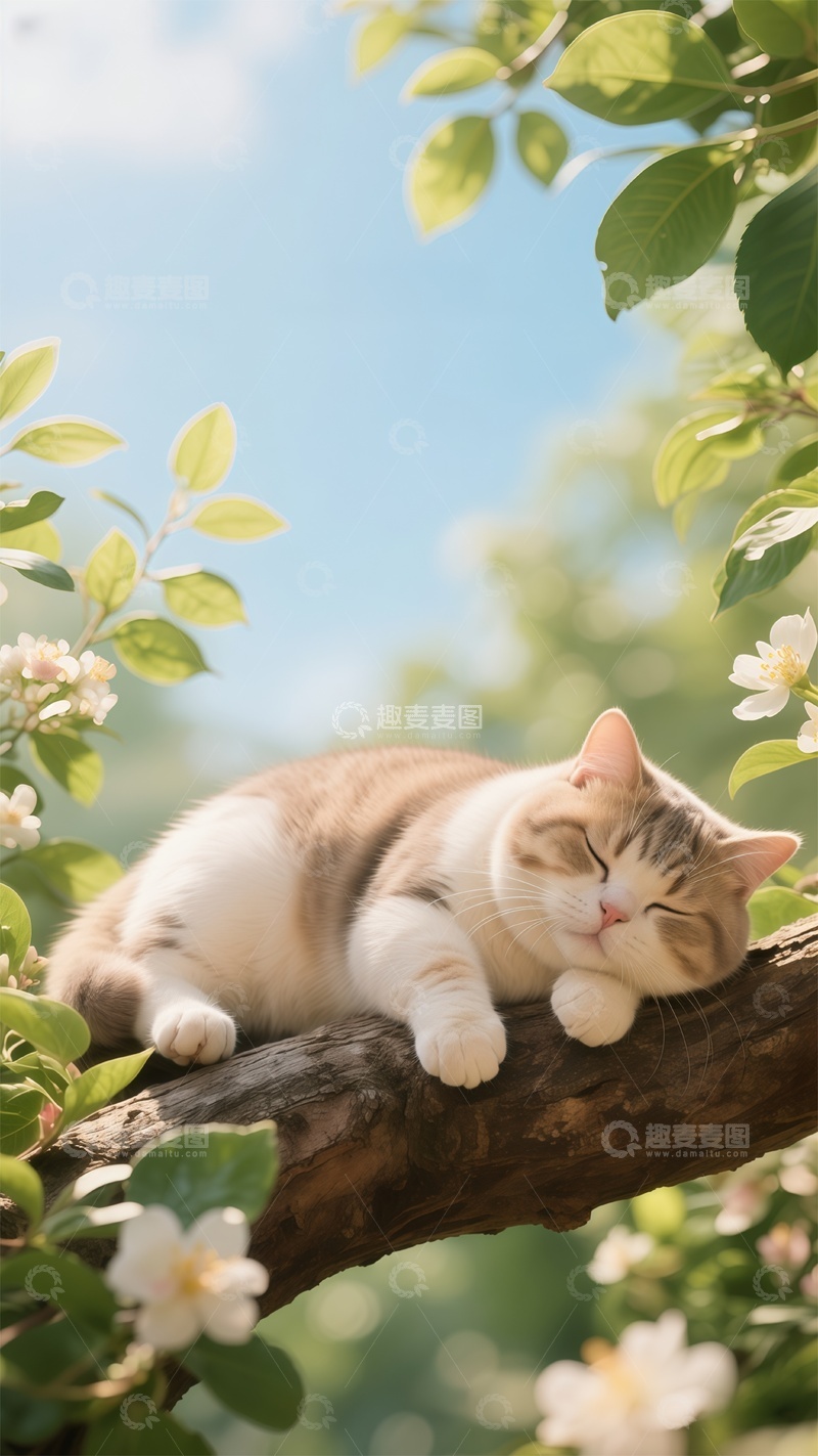 高清大图下载【趣麦麦图】春日猫咪悠闲树枝