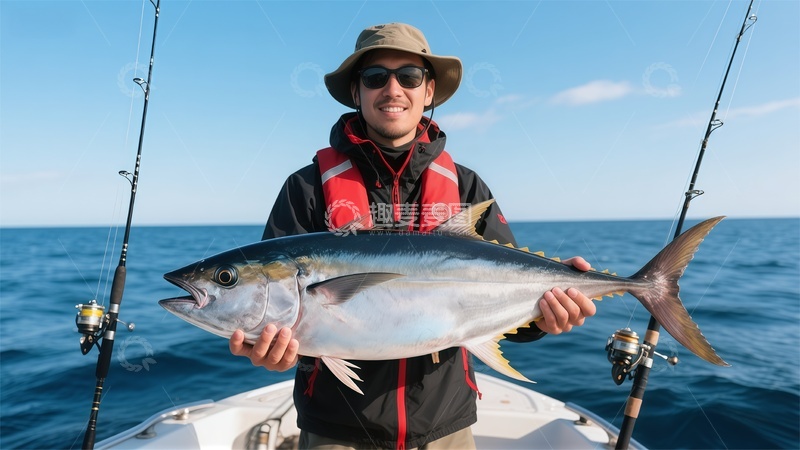 高清大图下载【趣麦麦图】海上钓鱼喜获大鱼场景
