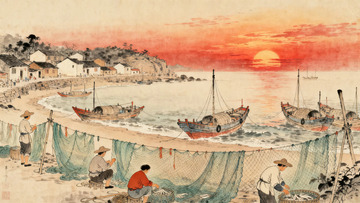 工笔画朝阳下的渔村3
