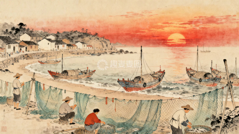 高清大图下载【趣麦麦图】工笔画朝阳下的渔村3