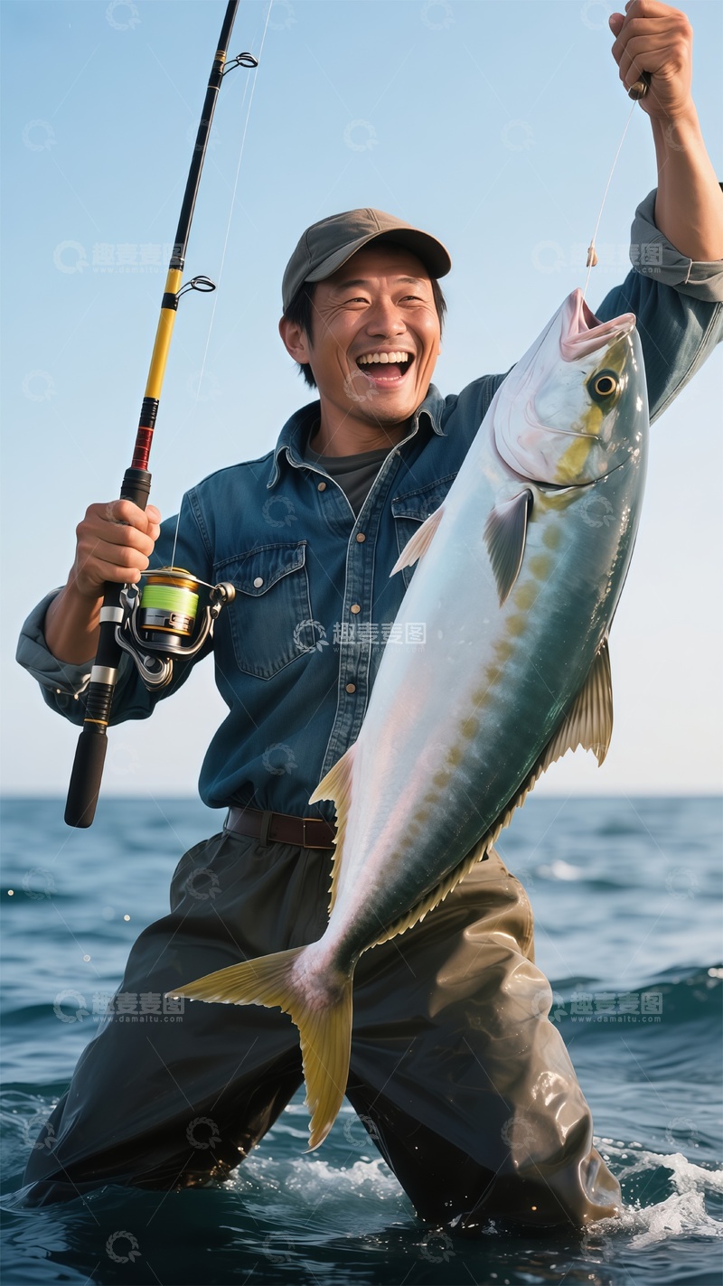 高清大图下载【趣麦麦图】海钓成功喜悦钓鱼图片