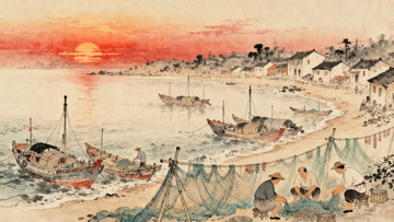 工笔画朝阳下的渔村4