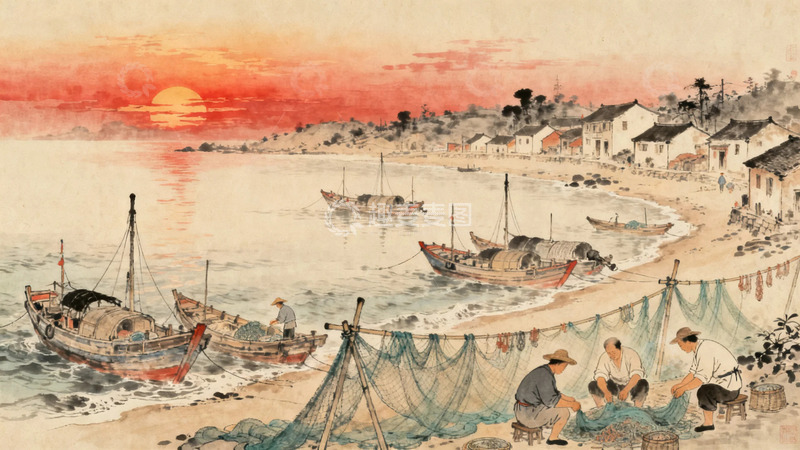 高清大图下载【趣麦麦图】工笔画朝阳下的渔村4