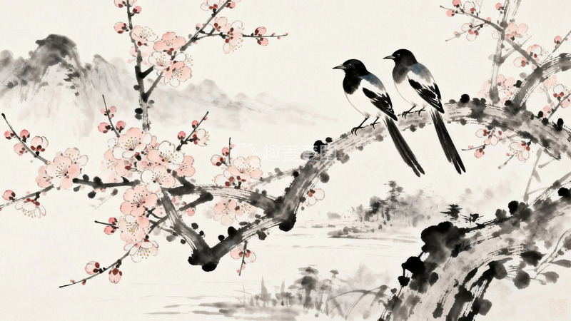 高清大图下载【趣麦麦图】水墨画枝头的喜鹊4