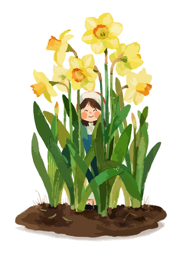 插画风格春日花园小女孩与花朵