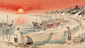 工笔画朝阳下的渔村5