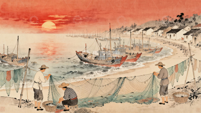 高清大图下载【趣麦麦图】工笔画朝阳下的渔村5