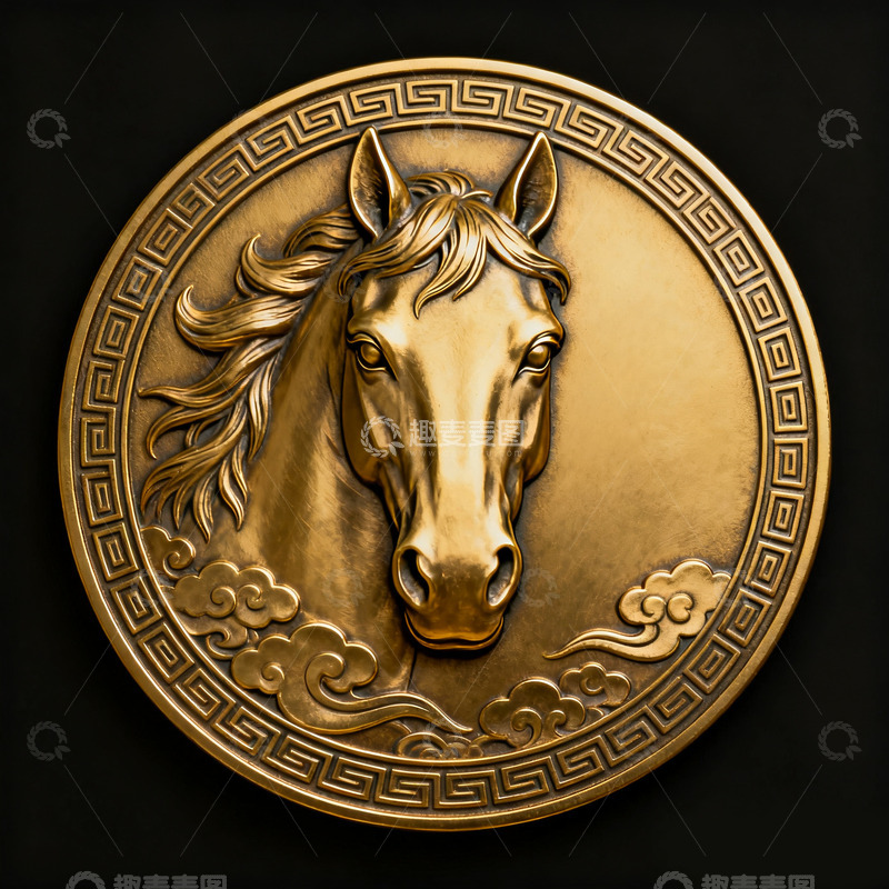 高清大图下载【趣麦麦图】金色勋章马头符号金属作旧复古纪念