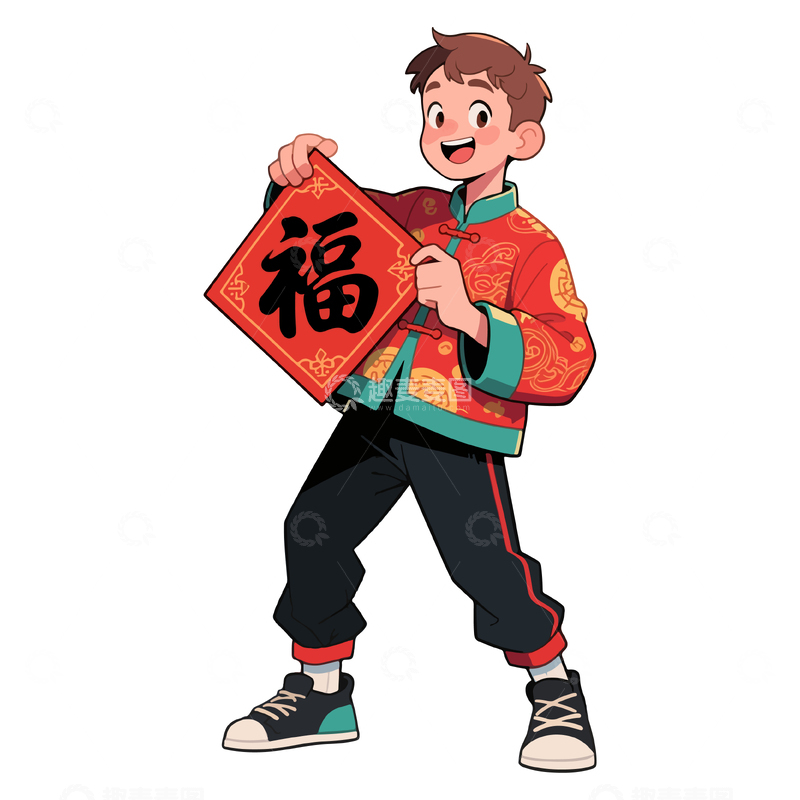 传统服饰新年祝福卡通插画