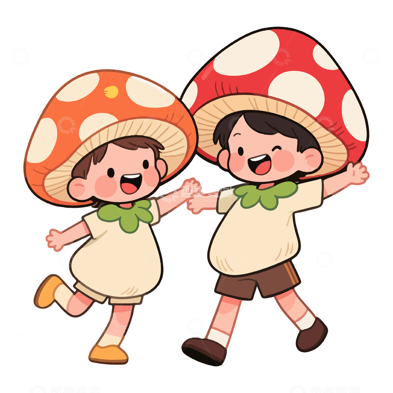 源文件下载【趣麦麦图】卡通蘑菇儿童玩耍插画
