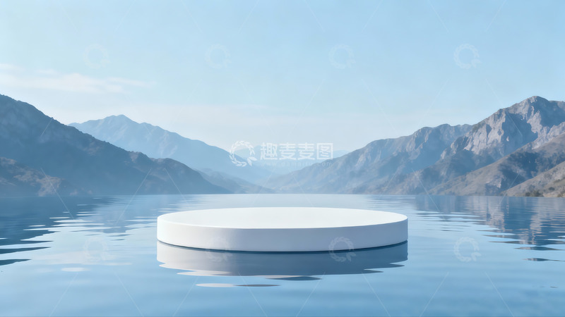 高清大图下载【趣麦麦图】浅蓝色山水场景中白色的圆形展台
