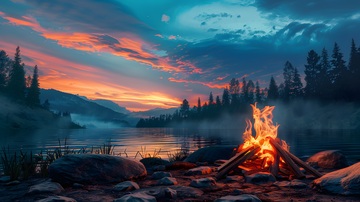 湖畔篝火晚霞风景