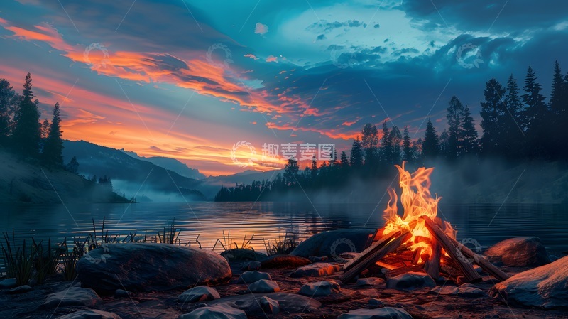高清大图下载【趣麦麦图】湖畔篝火晚霞风景