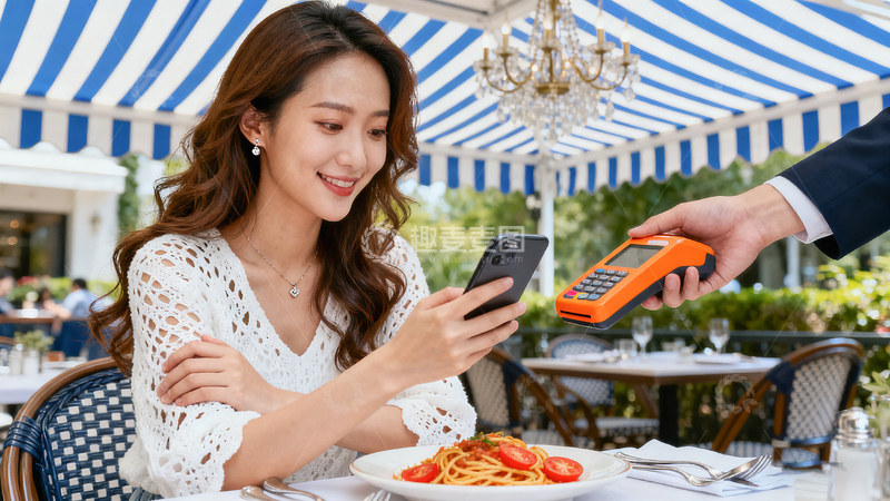 高清大图下载【趣麦麦图】女士女性顾客户外餐厅移动支付场景