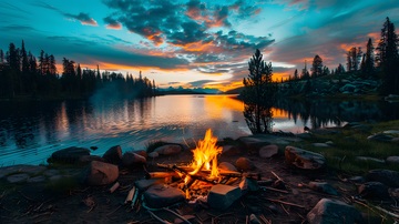 湖边篝火晚霞美景