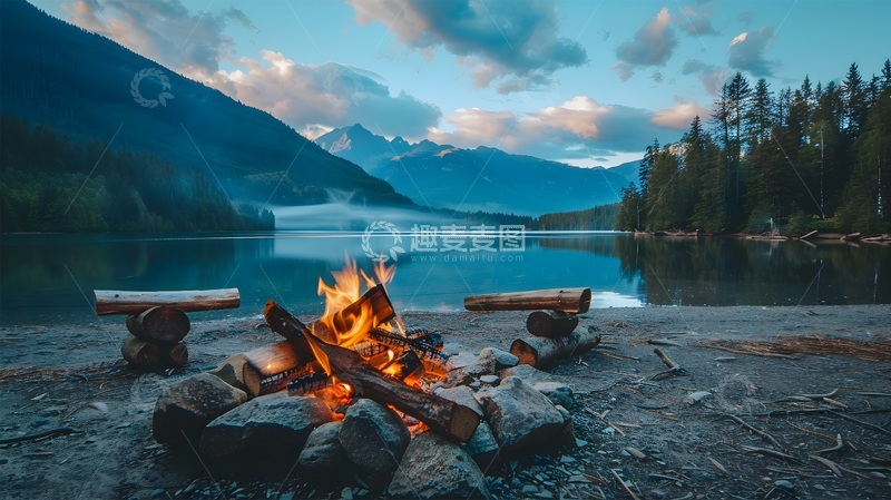 高清大图下载【趣麦麦图】湖畔篝火风景摄影图片