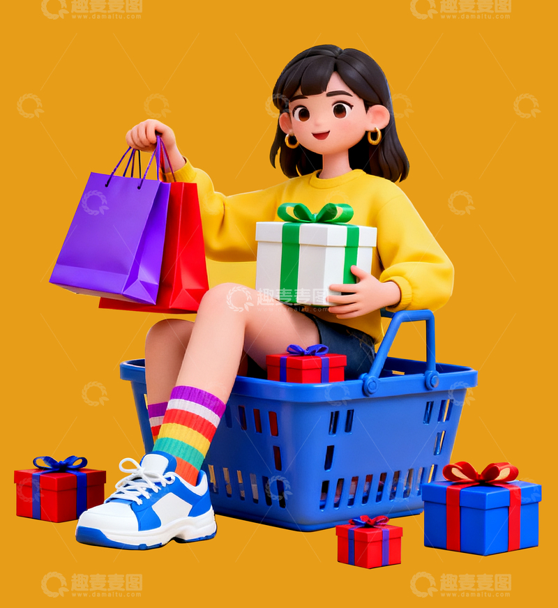 源文件下载【趣麦麦图】坐在购物篮上的女孩2