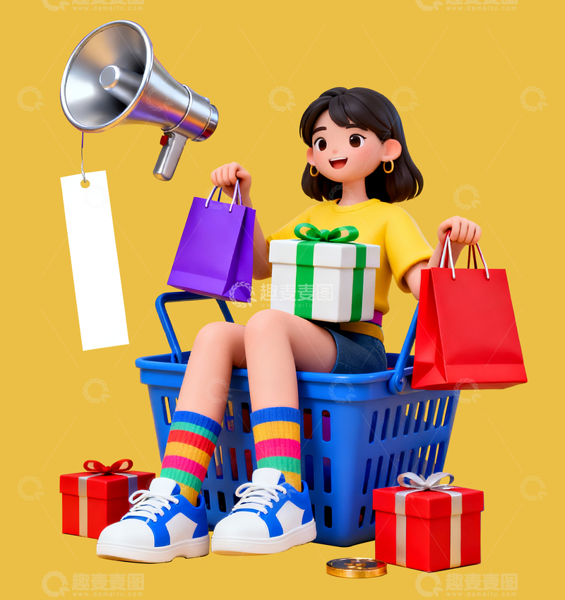 源文件下载【趣麦麦图】坐在购物篮上的女孩3