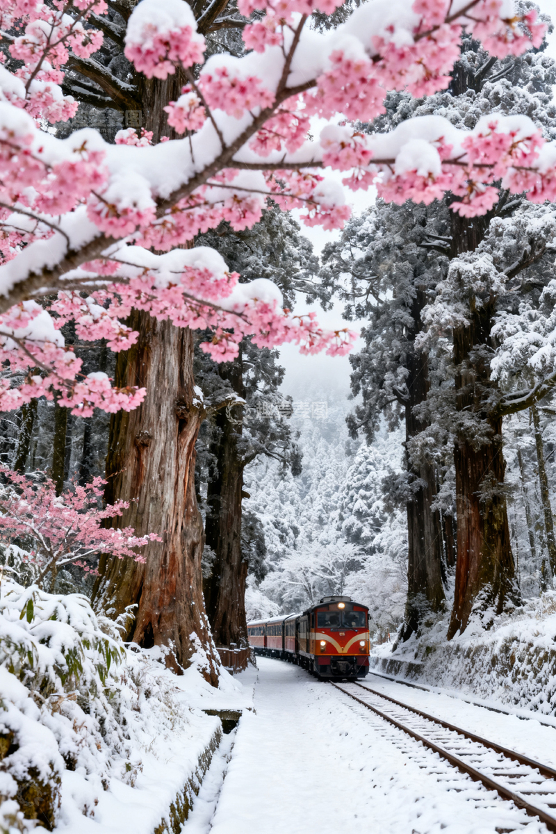 高清大图下载【趣麦麦图】雪中樱花铁道风光
