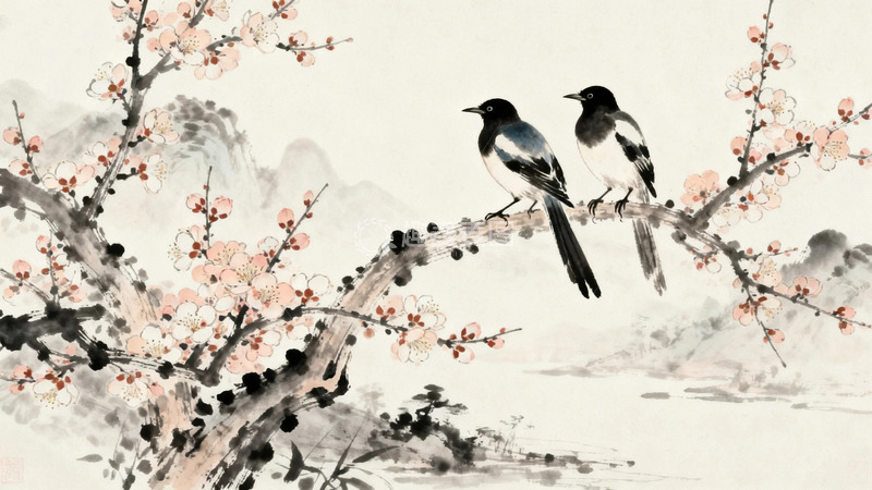 高清大图下载【趣麦麦图】水墨画枝头的喜鹊1