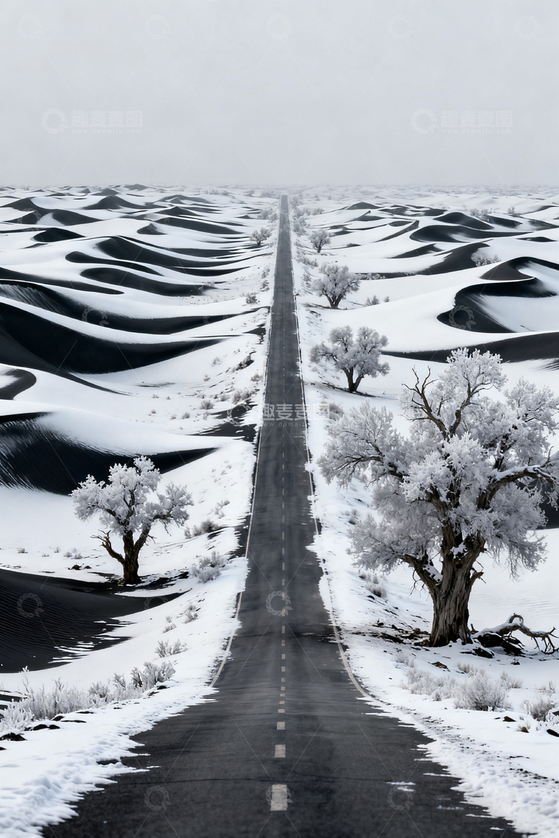 高清大图下载【趣麦麦图】沙漠公路雪景