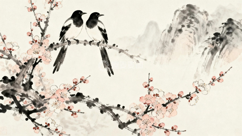 高清大图下载【趣麦麦图】水墨画枝头的喜鹊3