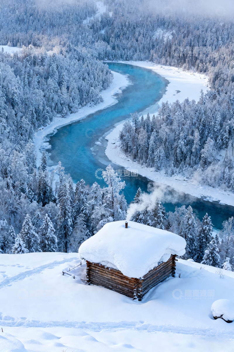 高清大图下载【趣麦麦图】雪景木屋河流风光摄影