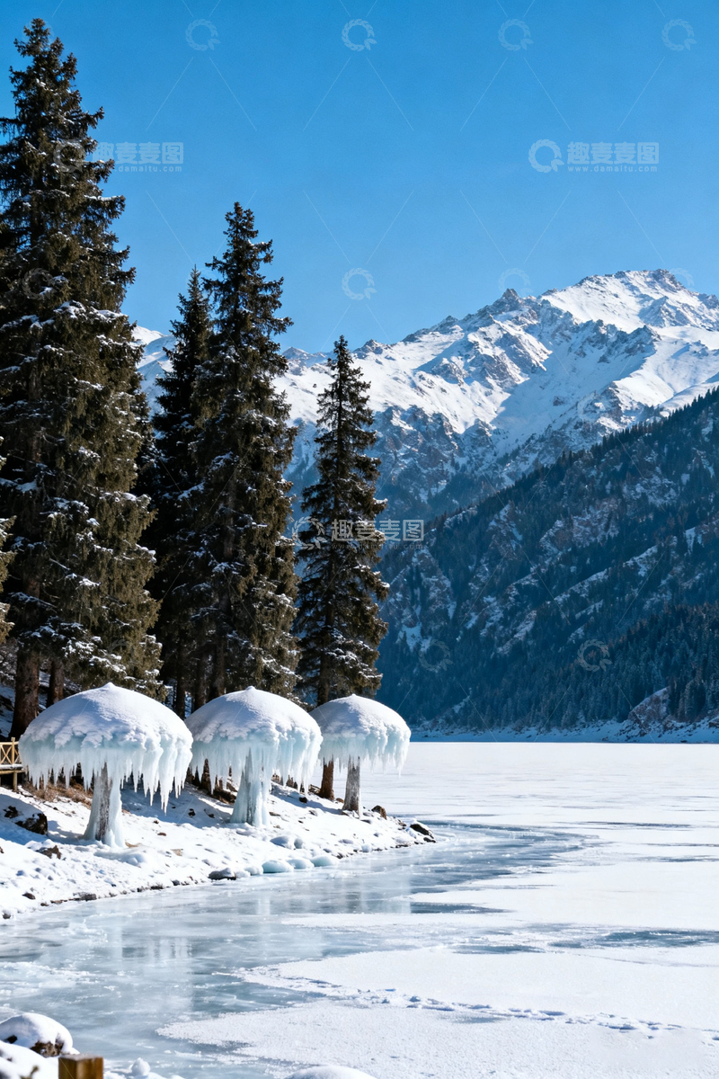 高清大图下载【趣麦麦图】冰雪覆盖山林湖泊风光