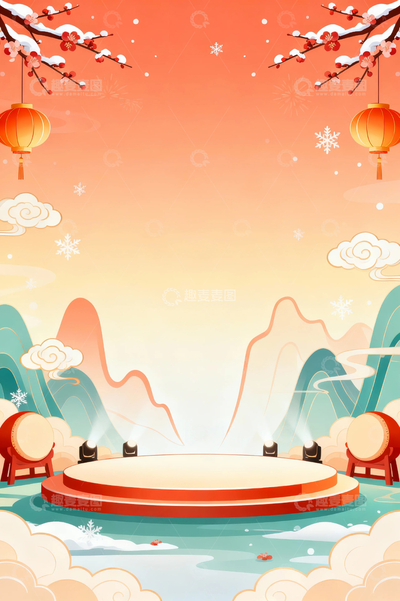 高清大图下载【趣麦麦图】国潮插画冬季背景2